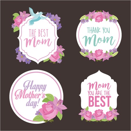 Collection set of labels in retro decoration flowers and  bird design on dark background for  happy mothers day concept, vector illustrationのイラスト素材