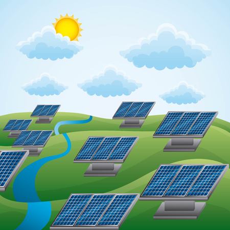 Landscape of natural energy sources with solar panels thru clouds and sun, energy clean vector illustrationのイラスト素材