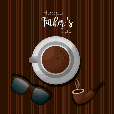 Fathers day celebration greeting card design with coffee cup, pipe, and glasses on wooden background style vector illustrationのイラスト素材
