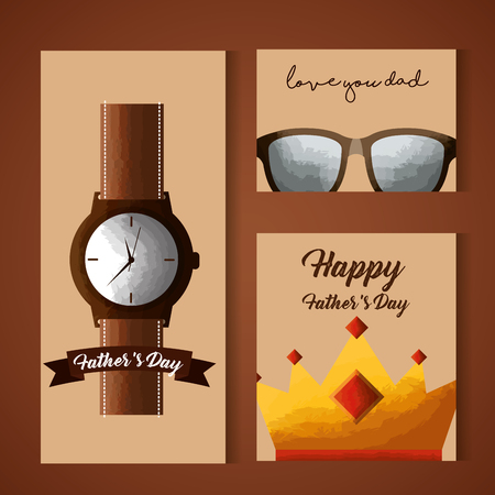 happy fathers day banners wrist watch glasses and crown design vector illustrationのイラスト素材