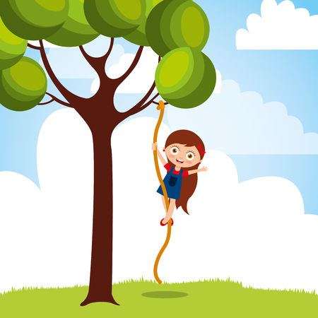 beautiful girl climbing up with rope the tree vector illustrationのイラスト素材