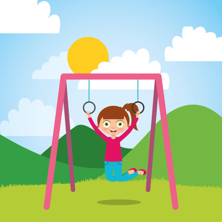 young girl playing with bar rings in the park and sunny day vector illustrationのイラスト素材