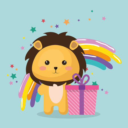 Cute leon with gift kawaii birthday card vector illustration designのイラスト素材
