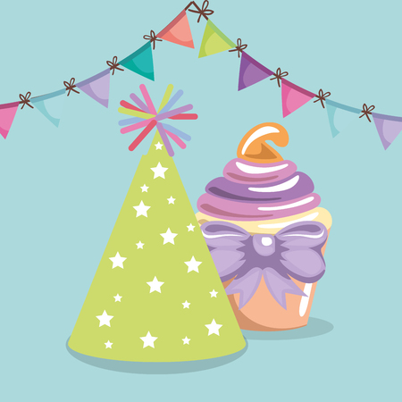 A sweet and delicious cupcake with party hat birthday card vector illustration designのイラスト素材