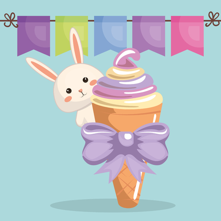 A cute rabbit with ice-cream birthday card vector illustration designのイラスト素材