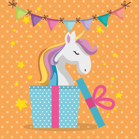 A cute unicorn with gift  character birthday card vector illustration designのイラスト素材