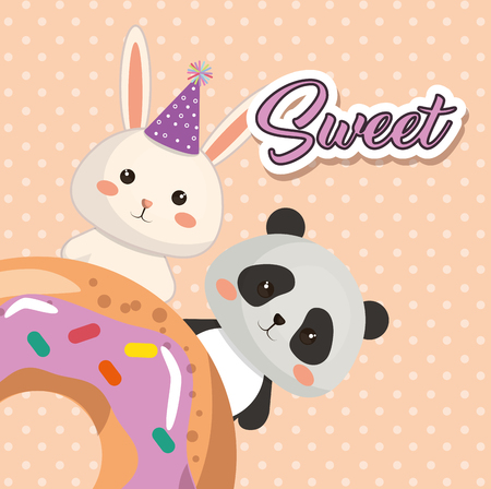 A cute bear panda and rabbit birthday card vector illustration designのイラスト素材