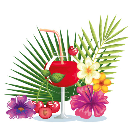 Tropical cocktail with cherry fruit and decoration floral vector illustration designのイラスト素材