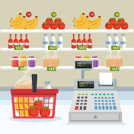Supermarket groceries with register machine and shelves with fruits vector illustration designのイラスト素材