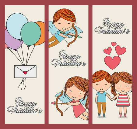 happy valentines vertical banners cute people love message vector illustrationのイラスト素材