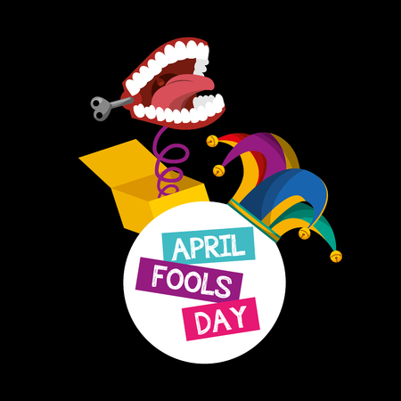 funny prank box and hat label - april fools day dark background vector illustrationのイラスト素材