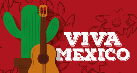 viva mexico guitar and potted cactus red floral background vector illustrationのイラスト素材