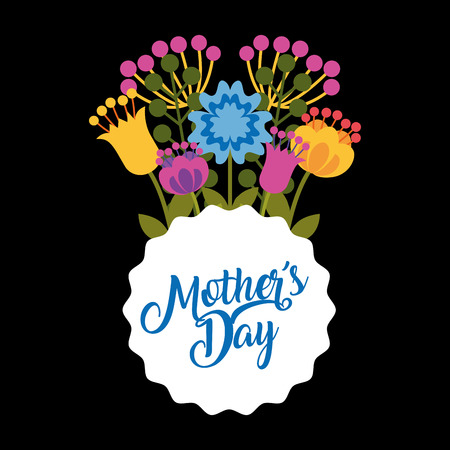 delicate bouquet flowers label - happy mothers day black background vector illustrationのイラスト素材