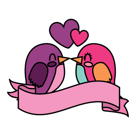 Adorable couple birds together kiss with hearts love in ribbon vector illustrationのイラスト素材