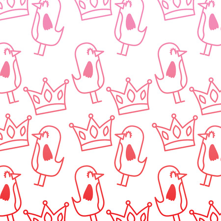 cartoon beauty bird and crown ornament pattern vector illustration degrade color lineのイラスト素材