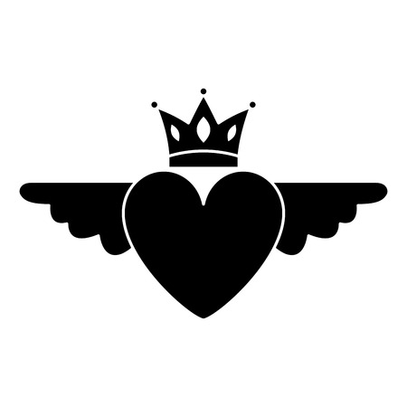 heart in love with wings crown decoration vector illustration black and white designのイラスト素材