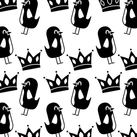 cartoon beauty bird and crown ornament pattern vector illustration black and white designのイラスト素材
