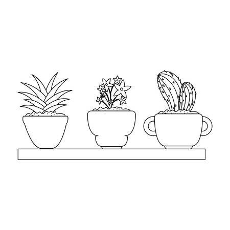 beautiful houseplants set in wooden shelf vector illustration designのイラスト素材