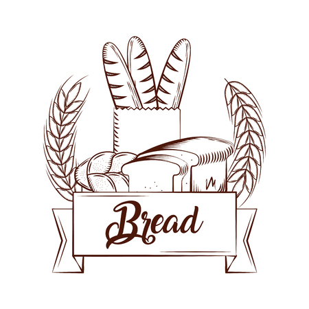 bread baguettes slice toasts bake tasty banner  vintage emblem vector illustrationのイラスト素材