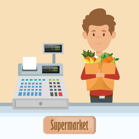 A man with a shopping bag full of  groceries in the supermarket vector illustration designのイラスト素材