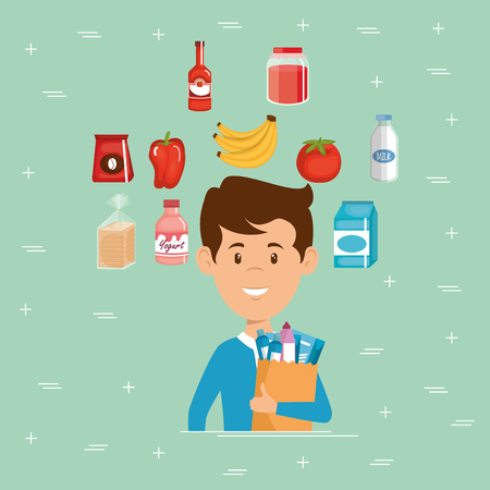 A man with supermarket groceries in shopping bag vector illustration designのイラスト素材