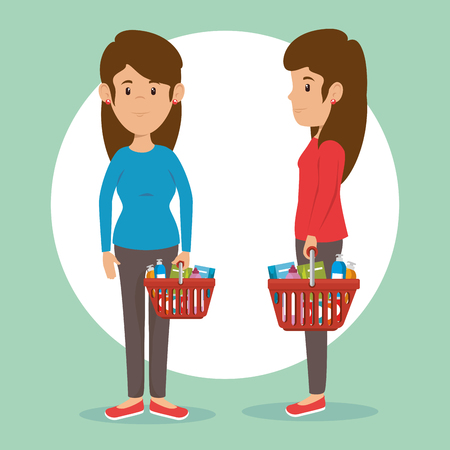 Two women with supermarket basket full of groceries, vector illustration designのイラスト素材