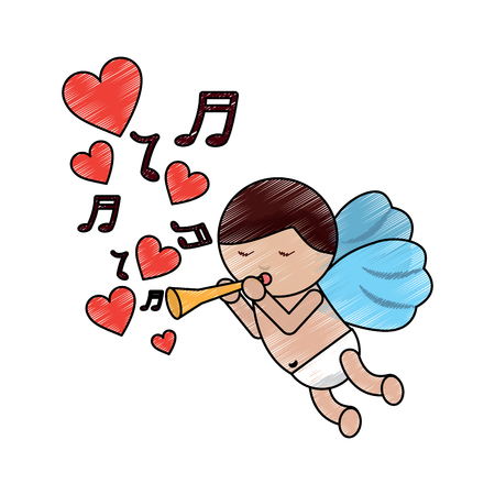 Cupid playing horn hearts valentines day icon image vector illustration design sketch lineのイラスト素材
