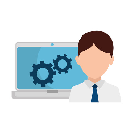 Man and a laptop with gears on screen, vector illustration designのイラスト素材