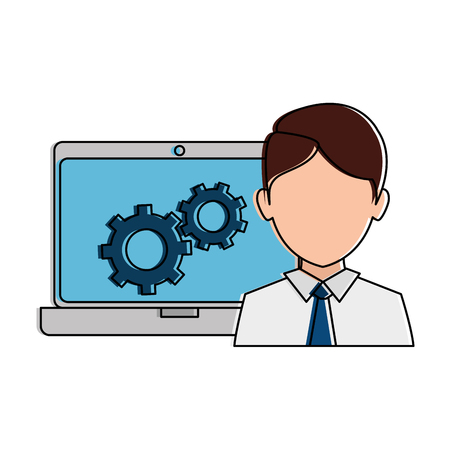 A businessman and a laptop with gears on screen, vector illustration designのイラスト素材