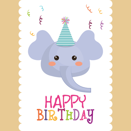 happy birthday card with cute elephant character vector illustration designのイラスト素材