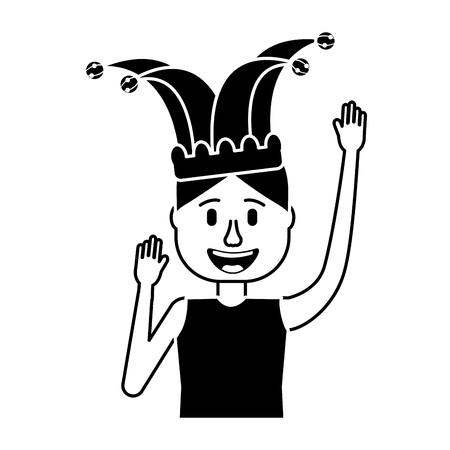 happy man jester hat and crazy glasses portrait vector illustration black and white designのイラスト素材