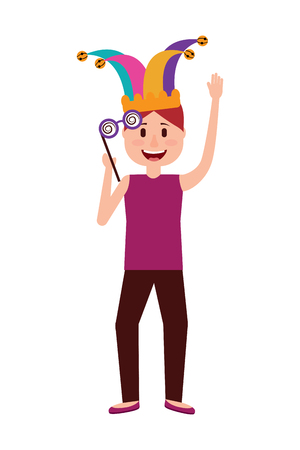 funny man holding silly glasses and jester hat vector illustrationのイラスト素材