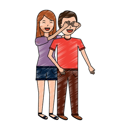 woman covering her boyfriends eyes surprise valentines day romance, vectorのイラスト素材