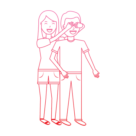 woman covering her boyfriends eyes surprise valentines day romance degrade line designのイラスト素材