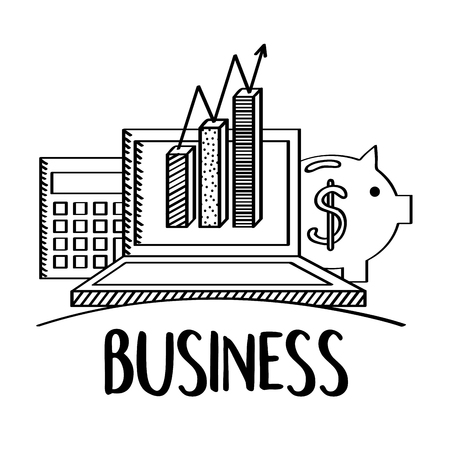 business laptop statistics chart piggy calculator doodle vector illustrationのイラスト素材
