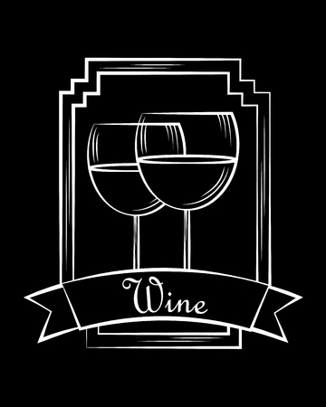 wine glass cups beverage stamp frame ribbon black vector illustrationのイラスト素材