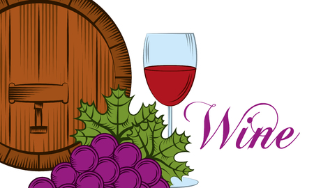 wine wooden barrel branch grapes glass cup drink template banner vector illustrationのイラスト素材