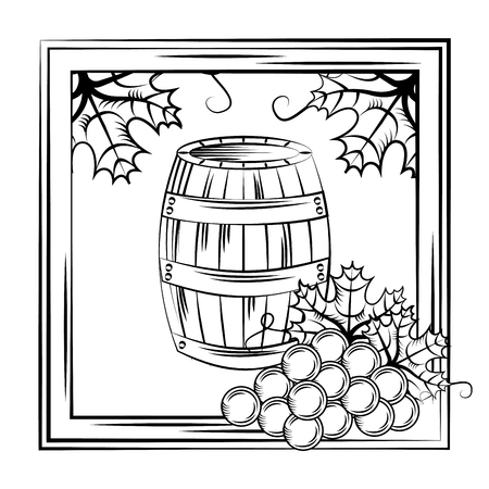 Vintage wine label wood barrel frame leaves decoration vector illustration.のイラスト素材