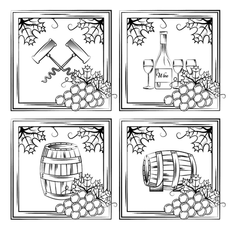Wine set vintage corkscrew bottle glass cup barrel frame leaves vector illustration.のイラスト素材
