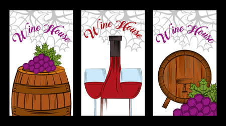 Wine set vertical banners barrel grape bottle and cup vector illustration.のイラスト素材