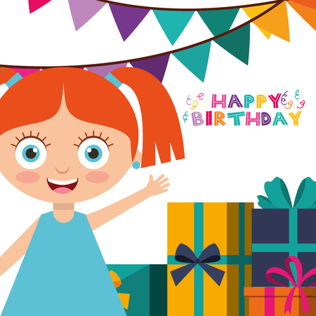 happy birthday greeting card girl waving hand and presnt boxes vector illustrationのイラスト素材