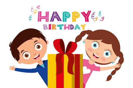 happy birthday card cute kids and close gift box vector illustrationのイラスト素材