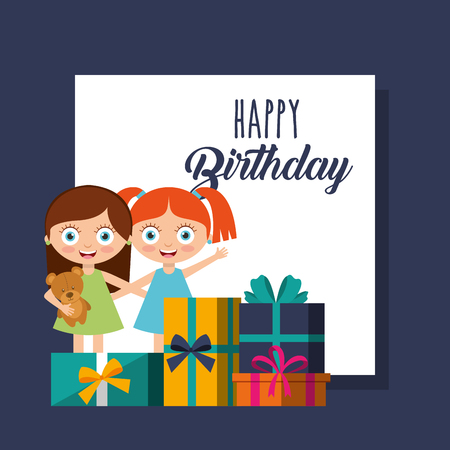 pretty girl and present boxes celebration - happy birthday card vector illustrationのイラスト素材