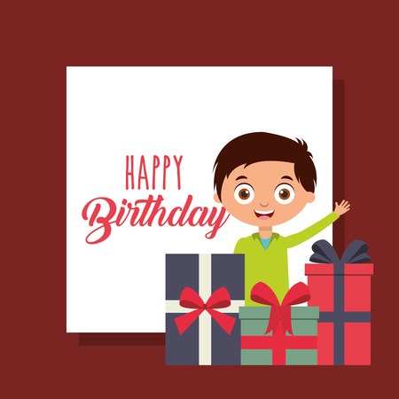 little smile boy and gift boxes happy birthday card vector illustrationのイラスト素材