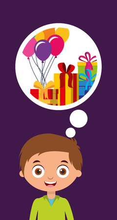 cute little boy thinking gifts and balloons happy birthday card vector illustrationのイラスト素材