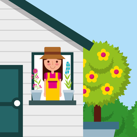 happy girl in house window with potted flower and tree garden vectorのイラスト素材