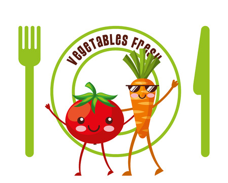 vegetables fresh tomato and carrot fork and knife diet vector illustrationのイラスト素材