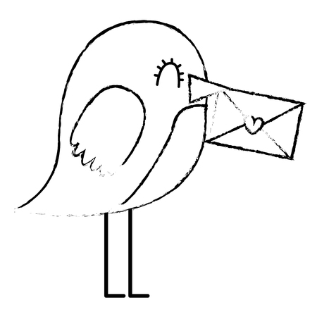 sweet bird with envelope message in beak cartoon vector illustration sketch designのイラスト素材