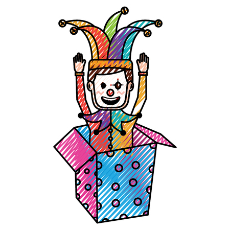 joker with clown mask in the box prank hands up fools vector illustration drawing color imageのイラスト素材