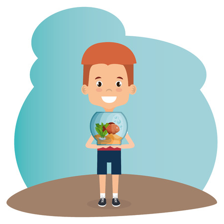 Boy with aquarium fish character vector illustration designのイラスト素材